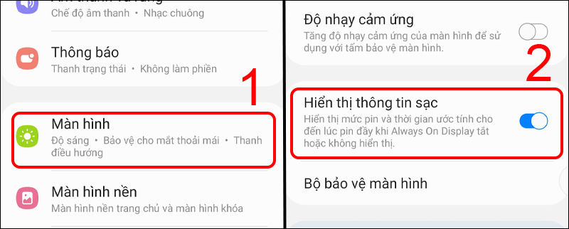 Nhấn bật Hiển thị thông tin sạc